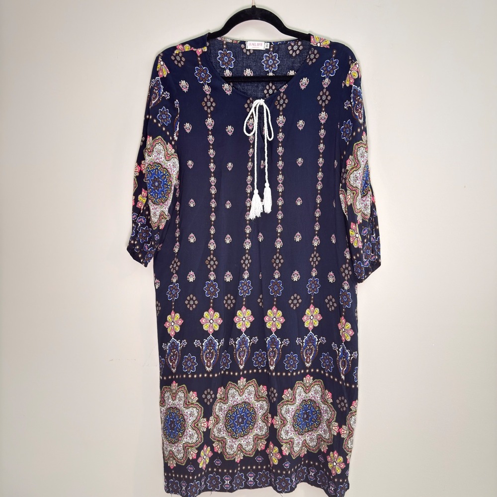 HALIFE Navy Blue Paisley Floral Tassel Tie Shift Dress Womens XL
